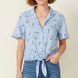 Monteau Bird Crane Print Blouse Size Large Tie Front Blue Button Up